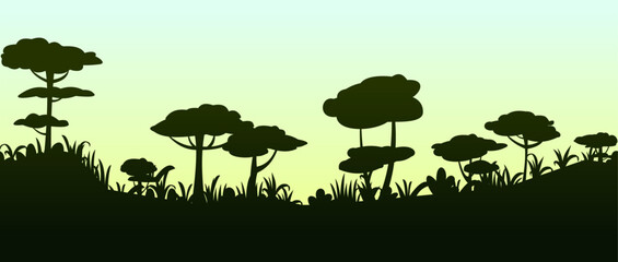 Spreading trees silhouette. Tropical forest. Dense jungle with big trees. Thickets of plants. Cartoon fun style. Flat design. Vector