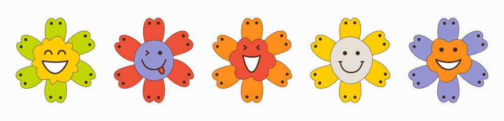 Smiling flower, abstract personage, mascot design, funny face, cute icon.