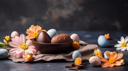 Charming Easter chocolate rabbit composition, featuring spring flowers on a white background. AI GENERATED.