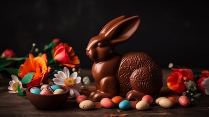 Charming Easter chocolate rabbit composition, featuring spring flowers on a white background. AI GENERATED.