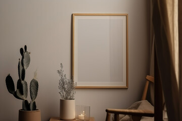 Wooden frame leaning on the warm and cozy background in the interior mockup. Template of a picture frame on a wall 3D rendering, generative AI.
