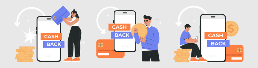 Set of young peoples receives cashback from online payment. Concept of Internet transaction, money saving. Hand drawn vector illustration isolated on light background, flat cartoon style