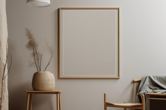 Wooden frame leaning on the warm and cozy background in the interior mockup. Template of a picture frame on a wall 3D rendering, generative AI.