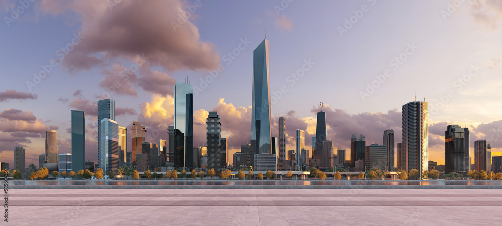 Aufkleber 3d modern city with a beautiful view and empty floor in front