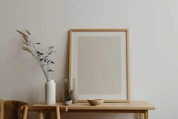 Wooden frame leaning on the warm and cozy background in the interior mockup. Template of a picture frame on a wall 3D rendering, generative AI.