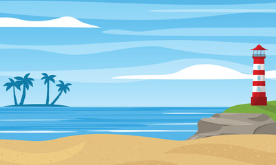 Summer landscape with lighthouse and tropical island silhouette. Sea or ocean scene. Vector illustration.