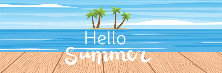 Summer long banner. Summer scene with island on the horizon and palms tree. Hello summer vector illustration.