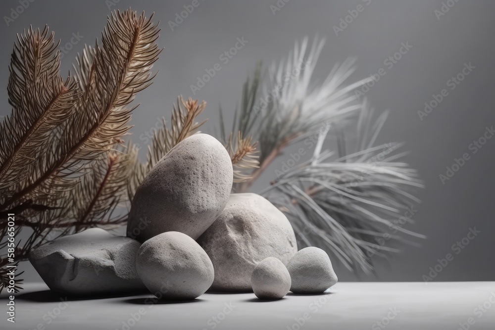 Poster pine tree standing next to a stack of rocks in a natural setting. generative ai