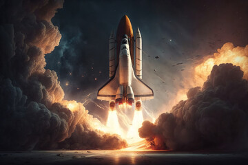 A space shuttle launching into orbit, leaving a trail of flames behind. Generative Ai