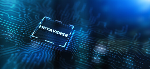 Inscription metaverse on processor icon. Global Internet connection metaverse