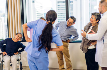 Portrait of asian woman physiotherapist trainer carer help physical and discussing consulting with...