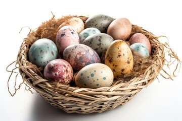Obraz na płótnie Canvas basket filled with fresh eggs on a wooden table. Generative AI