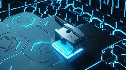 Cyber security concept with closed padlock on hexagons background 3D rendering.generative Ai