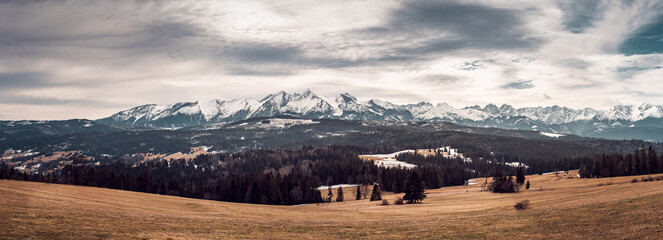 View of the panorama of the Tatra Mountains from the Łapszanka pass. Early spring. Snow-covered...