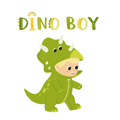 Little boy dressed in jumpsuit kigurumi in form of triceratops. Boy in dinosaur or dragon costume with hood and tail. Cozy dino pajamas. Cartoon flat vector illustration in doodle style