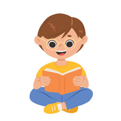 Cartoon boy with glasses sitting and reading a book