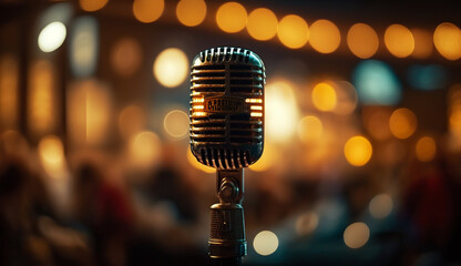 Abstract vintage microphone in meeting room or conference room with blurred light background. Generative Ai