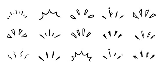 Doodle shine sunburst sparkle ray elements. Hand drawn pop surprise line frame for title headline illustration. Doodle vector illustration