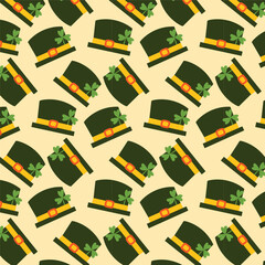 A seamless pattern with hats with the clover on the top.