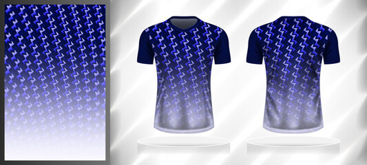 Vector sport pattern design template for V-neck T-shirt front and back with short sleeve view mockup. Dark and light shades of blue with white color gradient abstract geometric texture background.