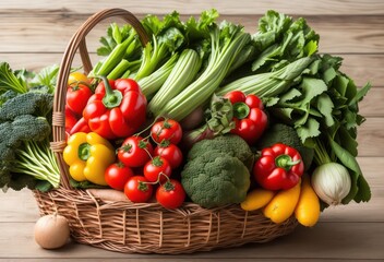A basket of vegetables on a wooden table