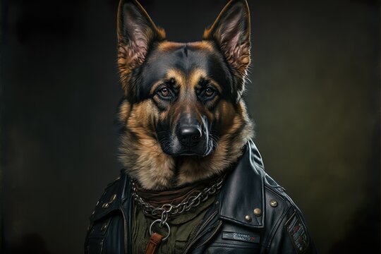 Portrait of a German Shepherd dog dressed as a biker