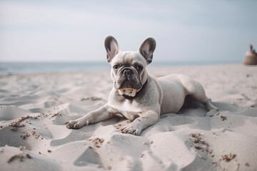 French bulldog lies on the beach. Generative AI.