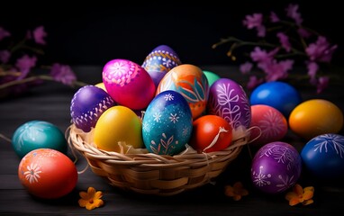 Easter eggs in a basket. Generative AI technology.