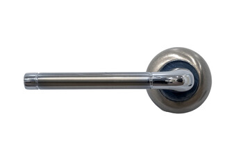 Metal handle on a white door, close-up, isolated on a white background