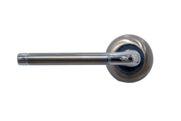 Metal handle on a white door, close-up, isolated on a white background