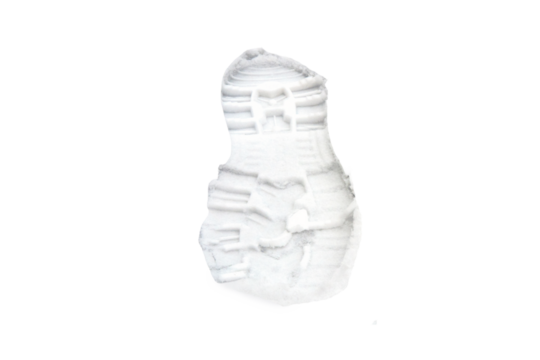 Footprints in the snow, under a thin layer of which is visible white coating, copy space, isolated on a white background
