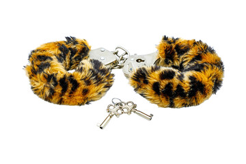 Soft cuffs with color under leopard for sexual games, isolated on a white background. Toy for...