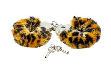Soft cuffs with color under leopard for sexual games, isolated on a white background. Toy for making love in bed.