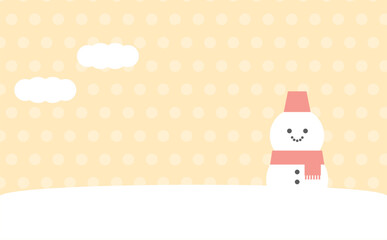 雪景色と雪だるまのイラスト　背景　オレンジ　ドット柄