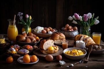 Fototapeta na wymiar Breakfast Table with Assorted Foods. Generative AI