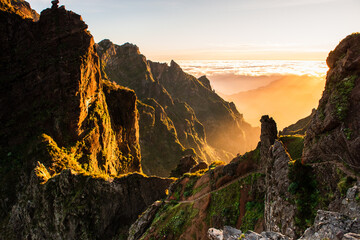 Sunrise on hiking trial from Pico do Areeiro, Madeira highest mountains, Portugal