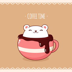 Square retro card with cute animal in cup in kawaii style. Vintage style card with lovely little polar bear in cup. Can be used for t-shirt print, stickers, greeting card design. Vector illustration 