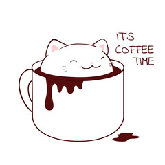 Square retro card with cute animal in cup in kawaii style. Vintage style card with lovely little cat in cup. Can be used for t-shirt print, stickers, greeting card design. Vector illustration EPS8