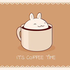 Square retro card with cute animal in cup in kawaii style. Vintage style card with lovely little bunny in cup. Can be used for t-shirt print, stickers, greeting card design. Vector illustration EPS8