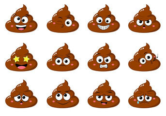 Collection of Cute funny poop with different mood. Set of cartoon poo emoji faces in different expressions - happy, sad, cry, fear, crazy. Vector illustration EPS8  - obrazy, fototapety, plakaty