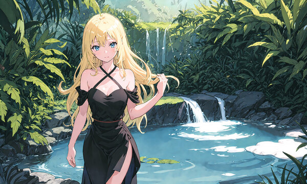 Anime blond with black dress enjoying nature 3 with Generative AI