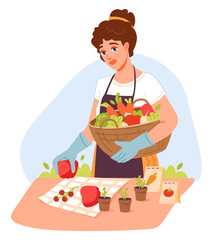 A farmer woman with a basket of vegetables. Harvest. Organic gardening. Cartoon flat vector illustration.