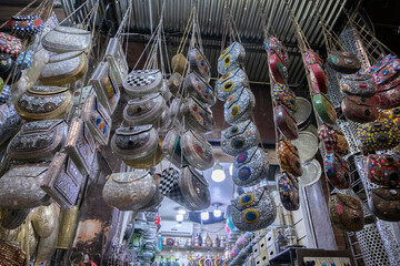 Women's bags for sale in a market in a souk in the Medina around the Jemaa el-Fnaa square in Marrakesh Morocco