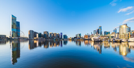 Panorama of Melbourne CBD Docklands buildings and Yarra river - obrazy, fototapety, plakaty