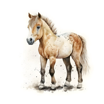 Illustration of funny watercolor horse. Graphics for fabric, t-shirt, greeting card, sticker. Illustration by Generative Ai

