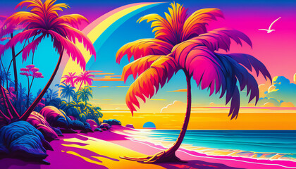 Fototapeta na wymiar Ocean Tropical resort landscape. Sea shore beach, sun, exotic silhouettes palms, coastline, clouds, sky, summer vacation. Generative AI