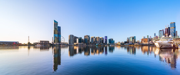 Panorama of Melbourne CBD Docklands buildings and Yarra river