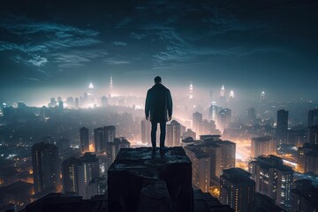 Fototapeta premium Solitude amidst the city lights: A man standing on the rooftop of a crumbling skyscraper, Generative AI.
