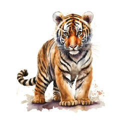 Fototapeta na wymiar Adorable tiger in a watercolor style. Animal illustration for greeting card, sticker, fabric. Illustration by Generative Ai 