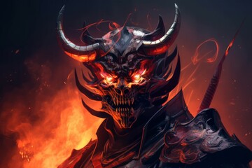 the Fiery Power: A Digital Painting of a Cyborg Samurai Face Transformed into a Fire Devil, Generative AI.